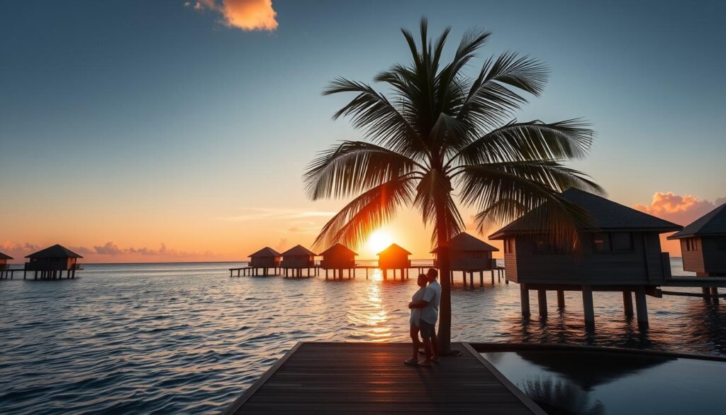 Sunset view of Maldives overwater villas with couple watching from deck
