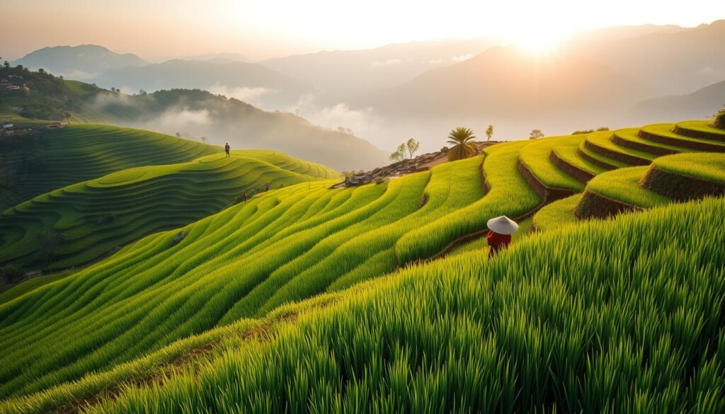 Terraced rice fields in Sapa, Vietnam with farmers in conical hats working in the distance