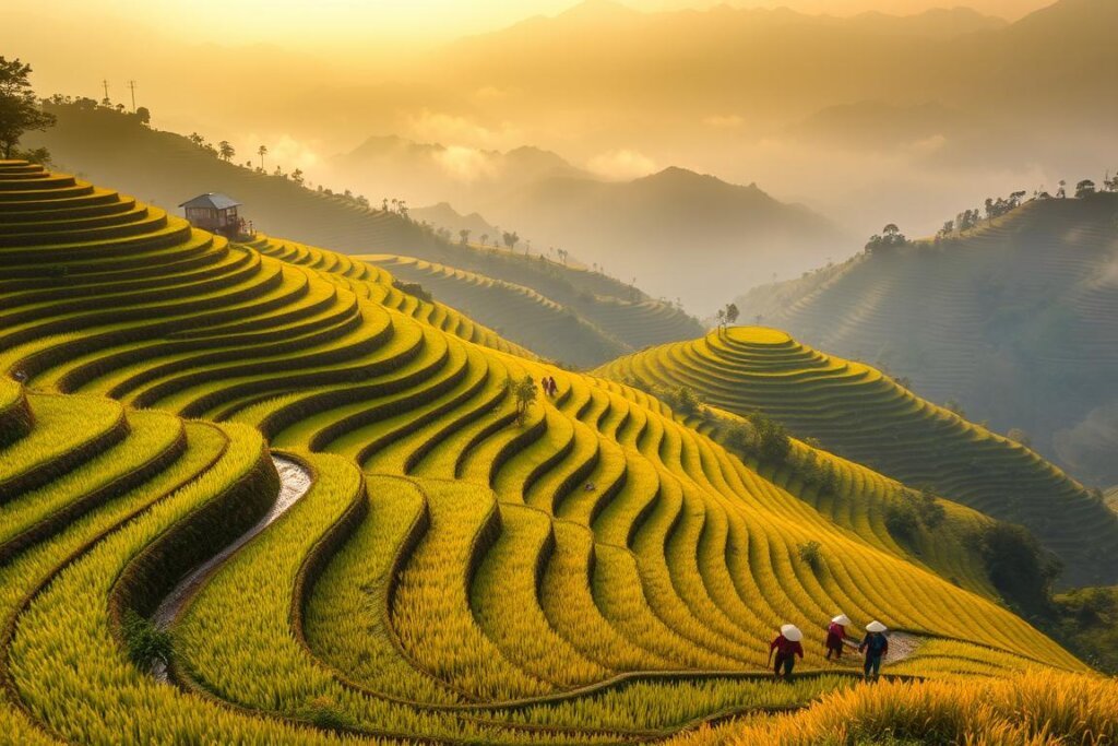 Terraced rice fields in Sapa with ethnic minority farmers working