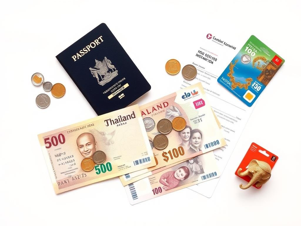 Thai baht currency notes and coins arranged with a passport and travel documents - Thailand travel guide essentials