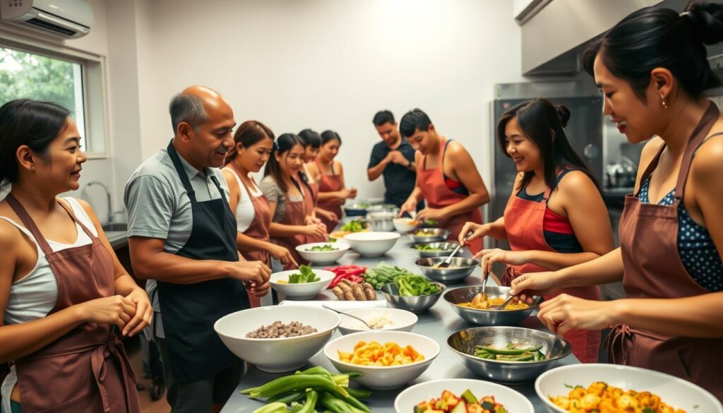 Thai cooking class with participants learning to prepare authentic dishes with a local chef - Thailand travel guide recommended experience