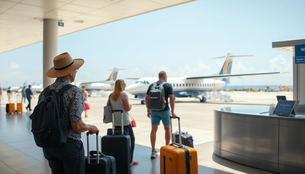 Tourist arriving at Maldives airport with seaplanes in the background