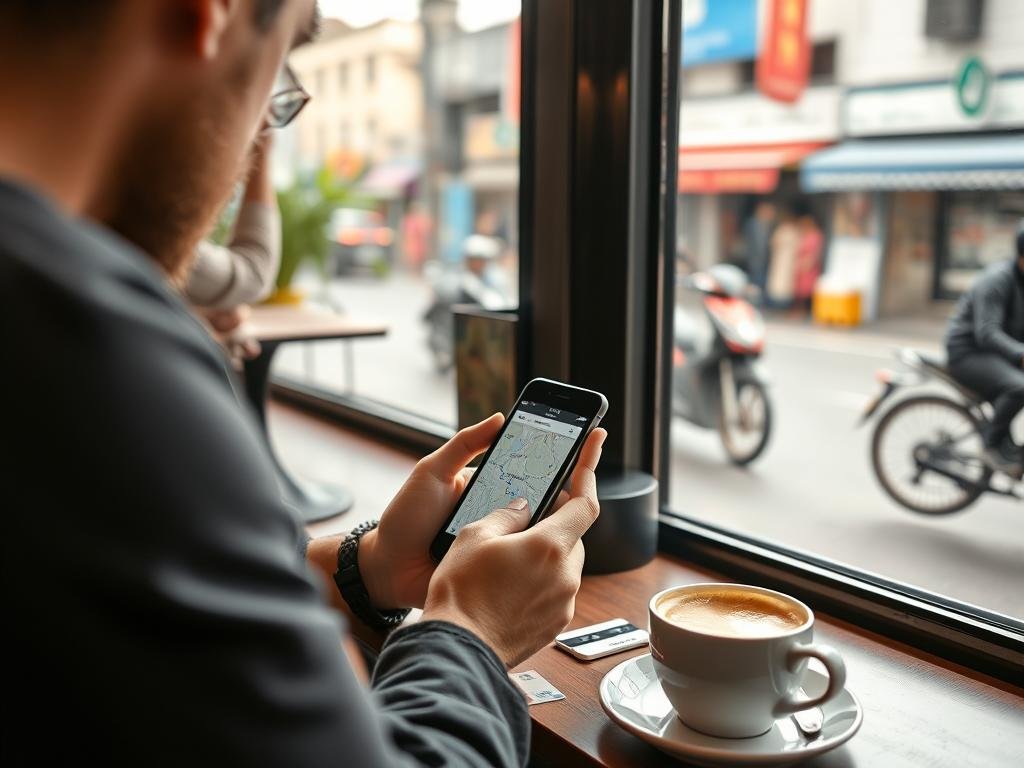 Tourist using smartphone with Vietnamese SIM card in cafe