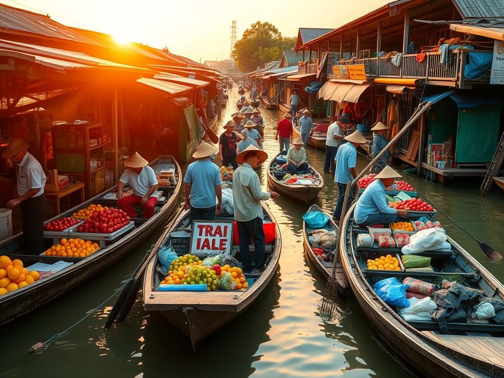 Traditional Thai floating market with vendors selling goods from wooden boats - Thailand travel guide cultural experience