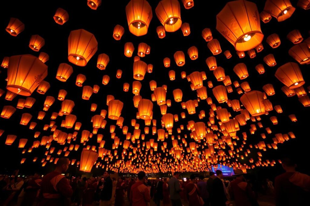 Traditional Thai lantern festival in Chiang Mai with hundreds of paper lanterns floating in the night sky - Thailand travel guide cultural experience