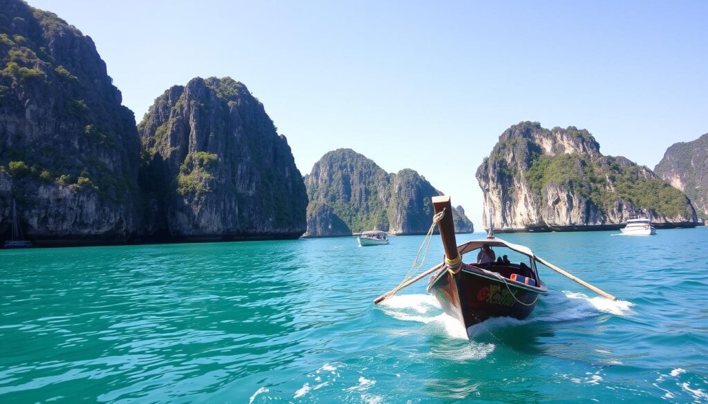 Traditional Thai long-tail boat navigating through limestone karsts in Phang Nga Bay - Thailand travel guide transportation