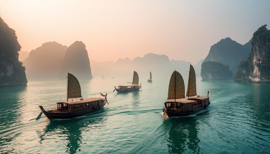 Traditional junk boats sailing among limestone karsts in Halong Bay, Vietnam