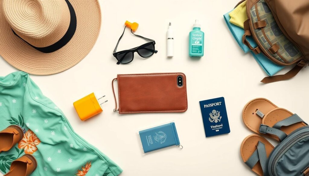 Travel essentials laid out for packing for a Thailand trip including lightweight clothing, electronics, and toiletries - Thailand travel guide packing list