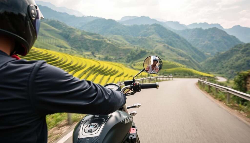 Traveler riding motorbike on mountain road in northern Vietnam