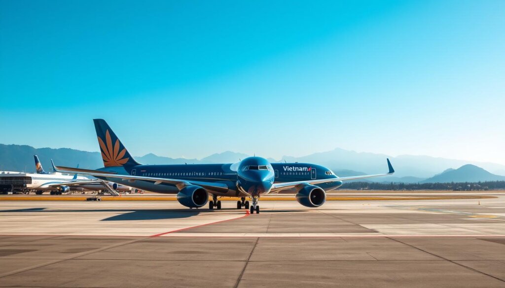 Vietnam Airlines plane at an airport with mountains in background