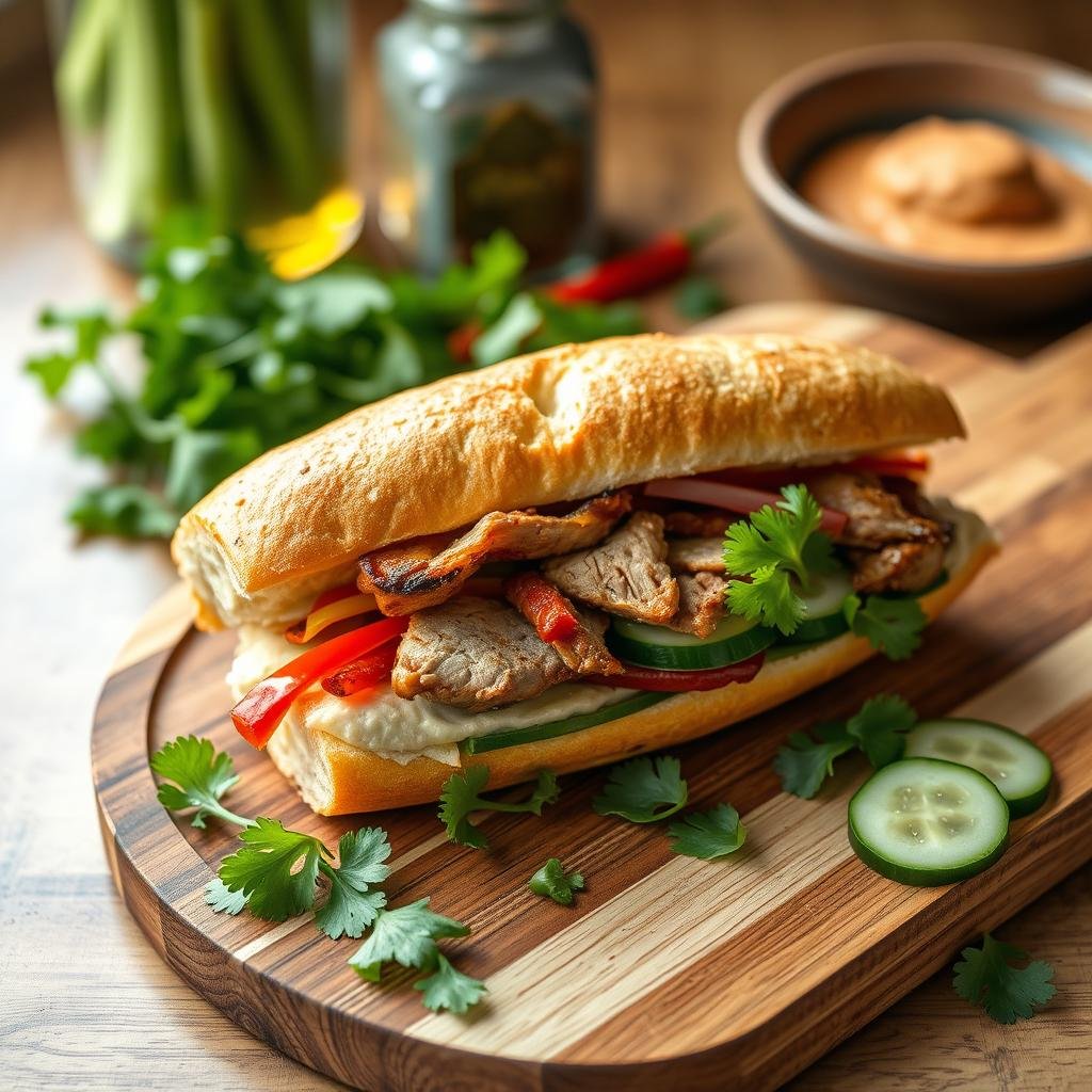 Vietnamese banh mi sandwich on cutting board with ingredients