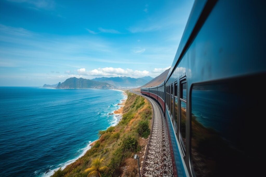 Vietnamese train passing along scenic coastal route between Hue and Da Nang