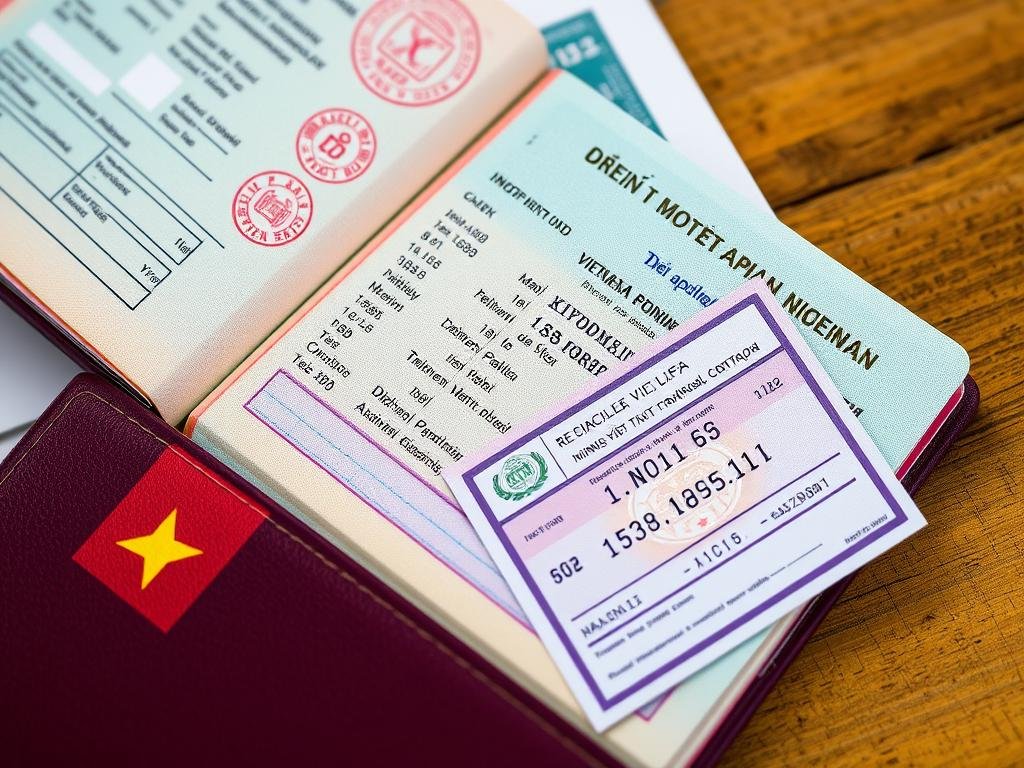 Vietnamese visa and passport with entry stamps