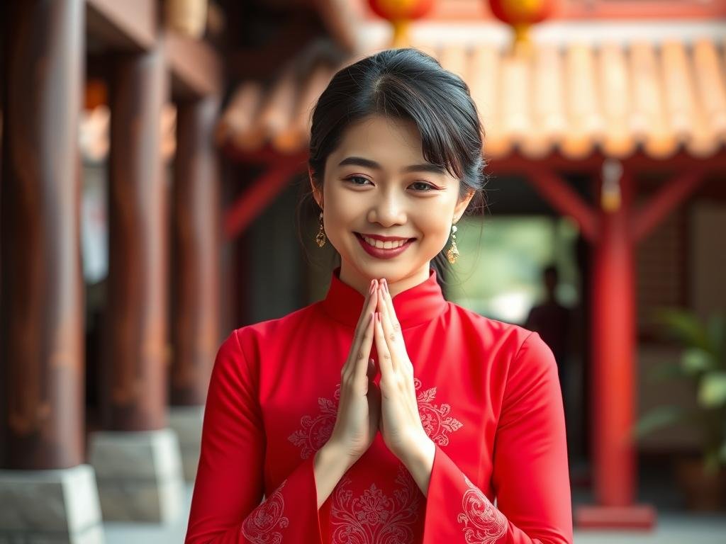 Vietnamese woman in traditional Ao Dai dress bowing in greeting