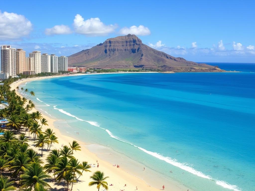 Waikiki Beach in Oahu with Diamond Head in the background, Hawaii Travel Guide iconic location