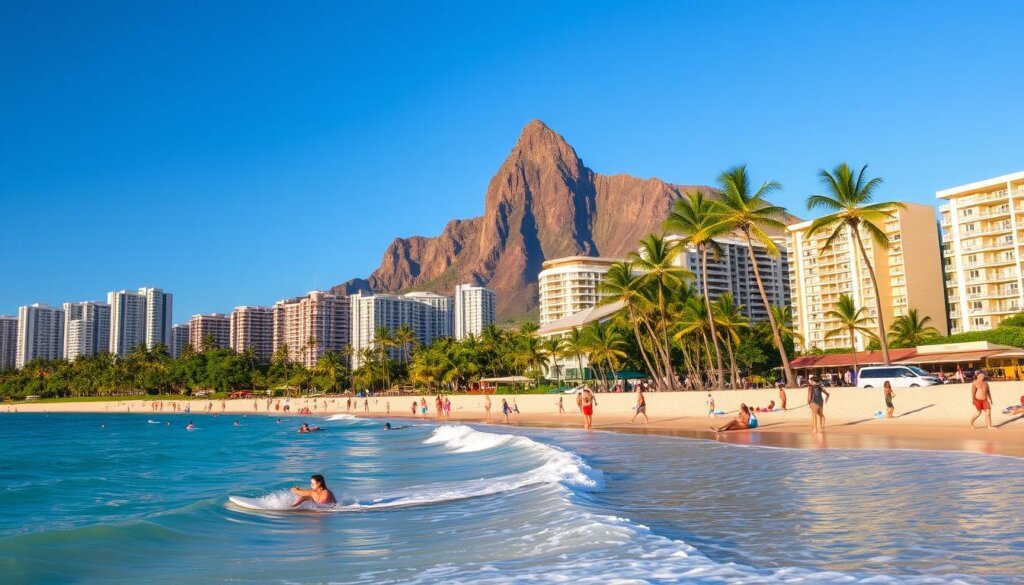 Waikiki Beach with Diamond Head crater in the background, Hawaii Travel Guide famous beach